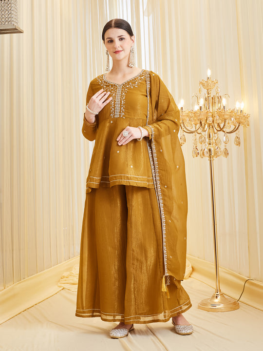 Mokosh silk embroidered peplum sharara set with dupatta for women — best peplum sharara set for wedding functions